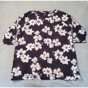 Lands End Top Womens L/P 14-16 Blue Floral Print 3/4 Sleeve Cotton Shirt